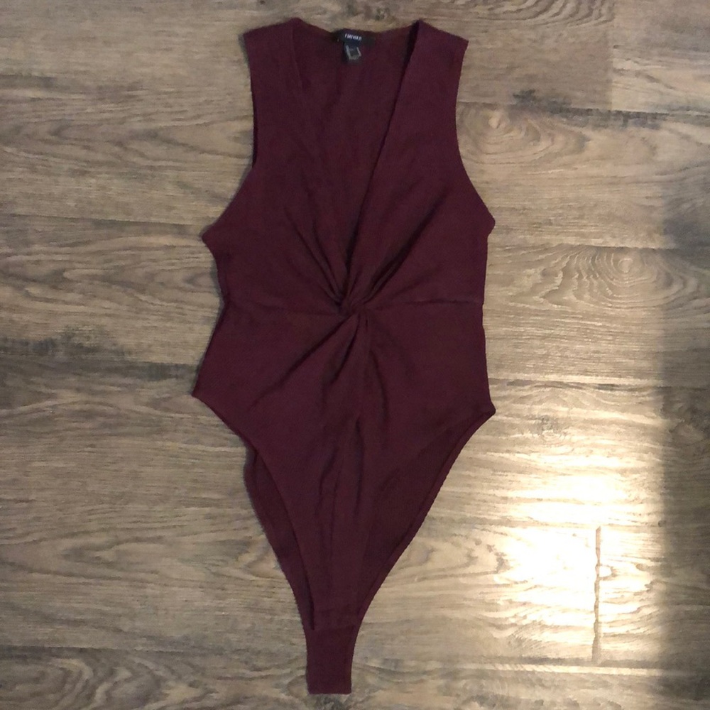 F21 Maroon Deep V Bodysuit
